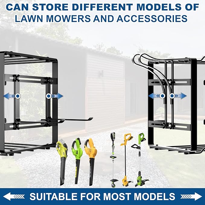 Pugala Universal Storage Rack for Leaf Blower, Weed Eater, and Power Tools ? Adjustable Wall Mount Organizer with Heavy-Duty Steel, Powder-Coated Finish, and Battery Storage ? Black