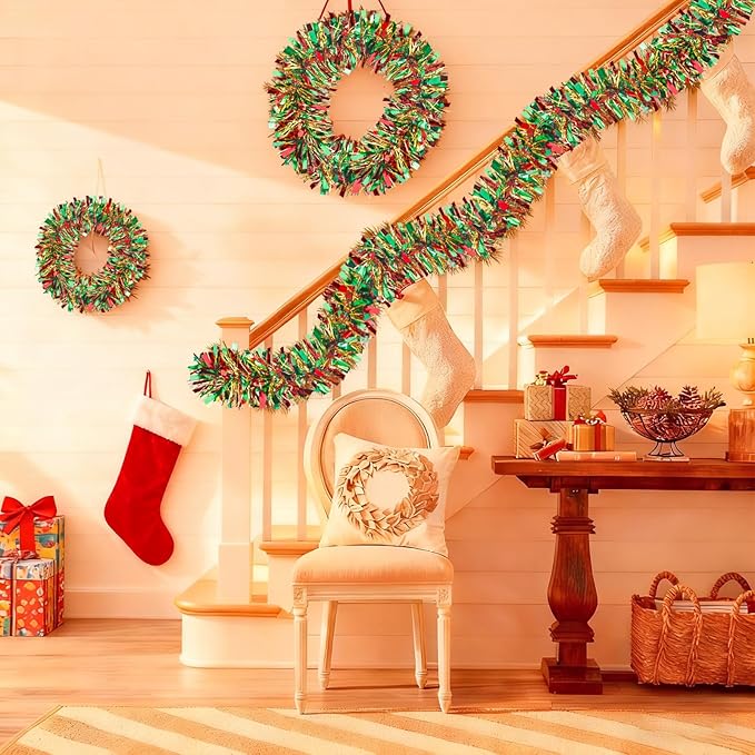 50Ft Christmas Tinsel Twist Garland, Metallic Twist Garland Tree Decorations for Christmas Tree New Year Party Birthday Holiday Supplies Indoor and Outdoor Decoration (Red Green Gold)