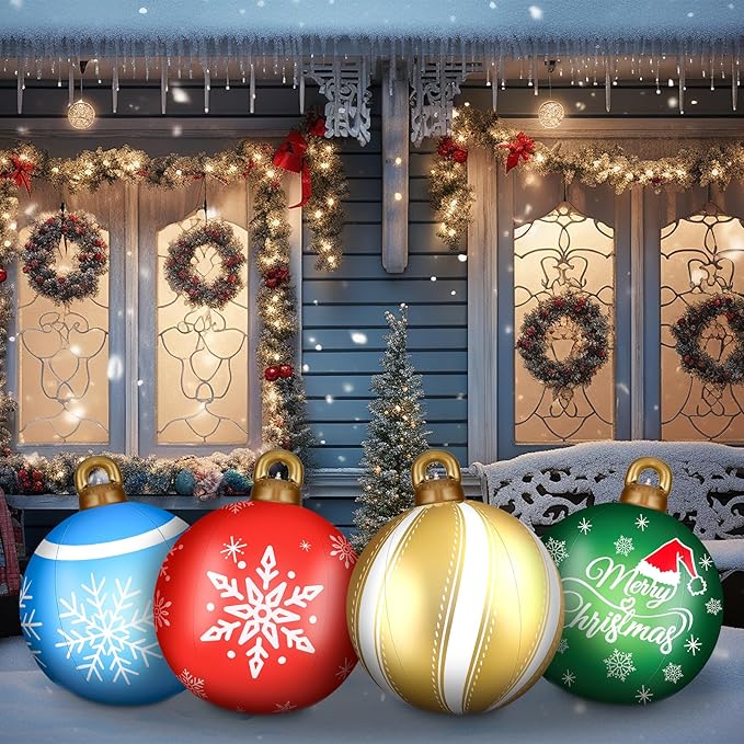 Jetec 4 Pcs Giant Inflatable Christmas Ball Large Xmas Inflatable Ornaments PVC Outdoor Holiday Blow Ball Outside Yard Lawn Porch Decorations (Snowy,Festive Color)