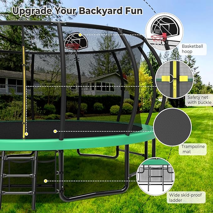 Lyromix 12 14 15 16FT Outdoor Trampolines for Kids and Adults, Pumpkin Trampolin with Curved Poles, Recreational Trampolin with Basketball Hoop and Safety Enclosure Net for Kids and Adults
