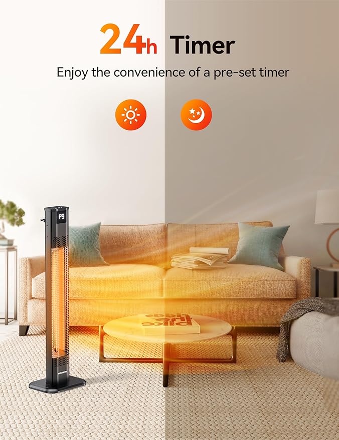 VAGKRI 42 1500W Electric Outdoor Infrared Heater with Remote, 9 Heat Levels, 24H Timer, 1S Fast Heating, IPX5 Waterproof Tower Space Heater for Home, Office, Patio, Garage