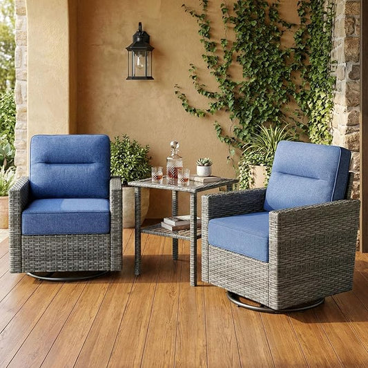 Luxury 3-Piece Patio Furniture Set with 6-Inch Thick Cushions, Outdoor Swivel Rocker Chairs and Table, Wicker Conversation Set for Porch, Deck, Balcony, Yard in Blue