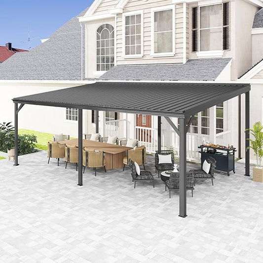 Domi 12'x20' Hardtop Lean to Gazebo with Gutters, Connectable Wall Mounted Gazebo Pergola with Galvanized Steel Roof, 60MPH Wind Resistance, Outdoor Large Metal Canopy, for Patio, Deck, Lawn - Grey