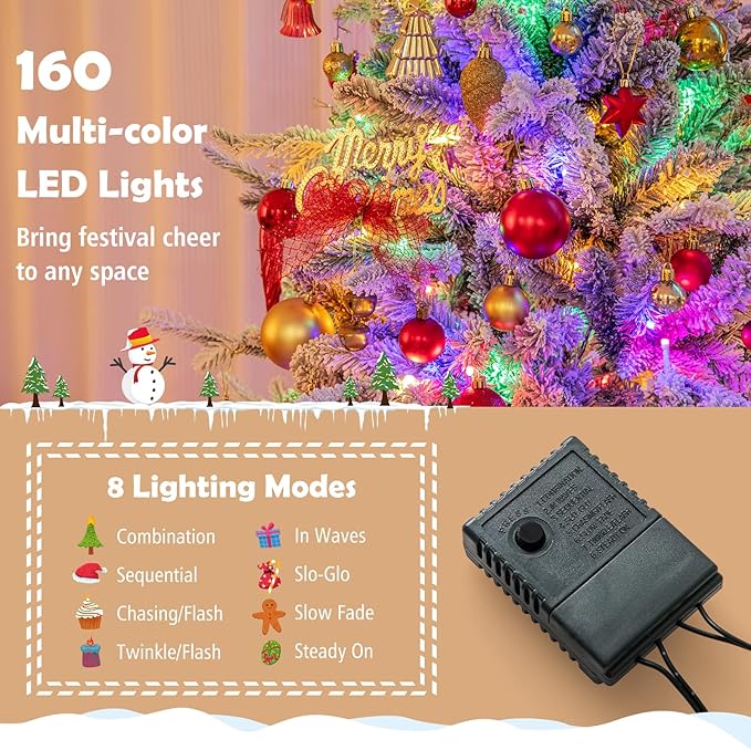 GOFLAME 4.5ft Pre-Lit Christmas Tree Snow Flocked, Hinged Artificial Xmas Tree with 436 Branch Tips, 160 Multi-Color LED Lights, 8 Lighting Modes, Holiday Decoration Tree for Home Office Party