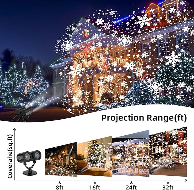 Christmas Snowflake Projector Lights Outdoor,Timer Setting Double Head Snowfall Led Lights Waterproof,Landscape Decorative Lighting Projection Lamp for Xmas Holiday Wedding Indoor Garden Patio