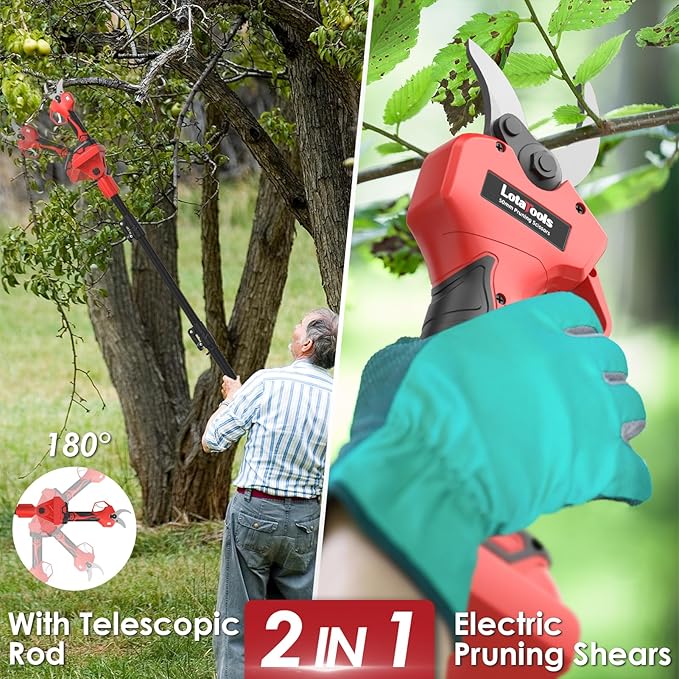 Electric Pruning Shears with Telescopic Rod, 50mm 1.96 Cutting Diameter Cordless Pruner with 2 Rechargeable Batteries, Tree Branch Cutter with SK7 Blade for Gardening Pruning