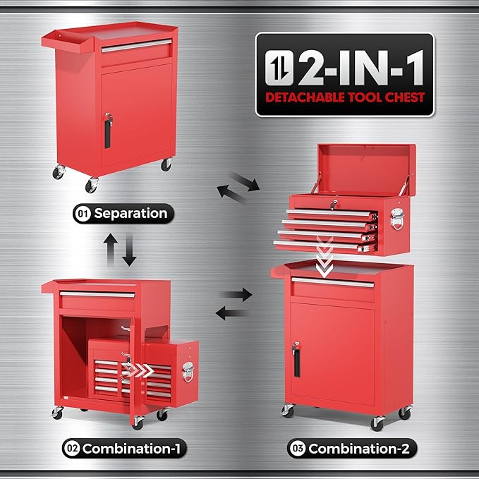 INTERGREAT Rolling Tool Chest, 5-Drawer Tool Box Organizer w/Lockable Wheels & Sliding Drawers & Detachable Top, Tool Storage Cabinet for Garage Workshop (Red)