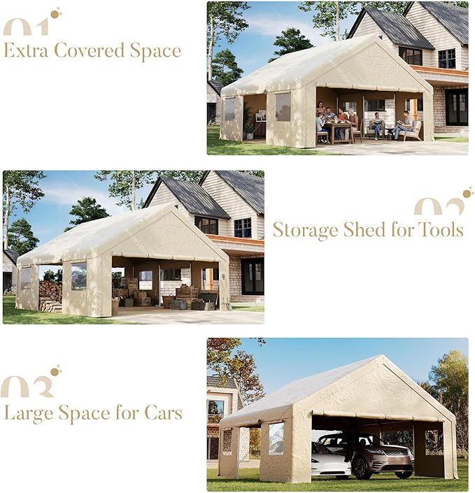 20x20ft Heavy Duty Carport, Canopy with Roll-up Ventilated Windows & Side Door All Weather, Easy Assembly Portable Car Shelter for Garage/Storage/Party