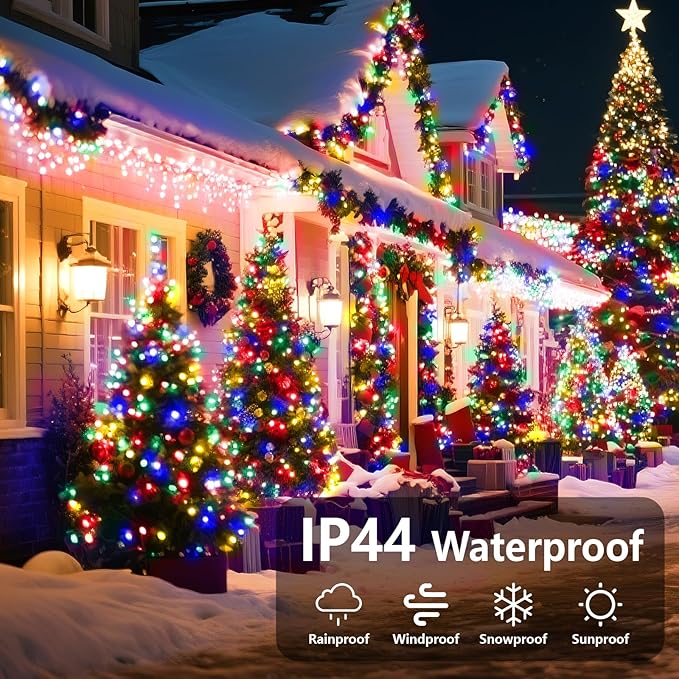 295Ft 600LED F8 Upgraded Christmas Lights Outdoor Decorations 8 Modes & Memory Timer Christmas with Plug in Waterproof Fairy String for Xmas Wedding Party Holiday Decor