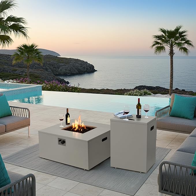 ECOTOUGE 2 Piece 32 Square Propane Fire Pit Table wirh Tank Holder, 50,000 BTU Outdoor Gas Fire Pit with Lid, Steel Fireplace w/Weather Cover, Lava Rocks for Patio, CSA Certified, Grey