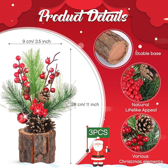 3 Pcs 11 Inch Christmas Tree Tabletop Artificial Mini Christmas Tree Decorations with Holiday Ornaments Pine Cone Berry Farmhouse for Fireplace Home Indoor Decor (Classic)