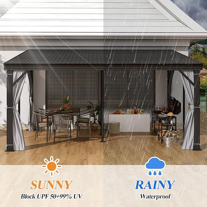 GARTOO 12' x 16' Lean to Hardtop Gazebo for Patio - Aluminum Frame Gazebos Pergola with Sloping Metal Roof, Outdoor Wall-Mounted Canopy Awnings to House for Patio, Garden, Lawn, Backyard Deck