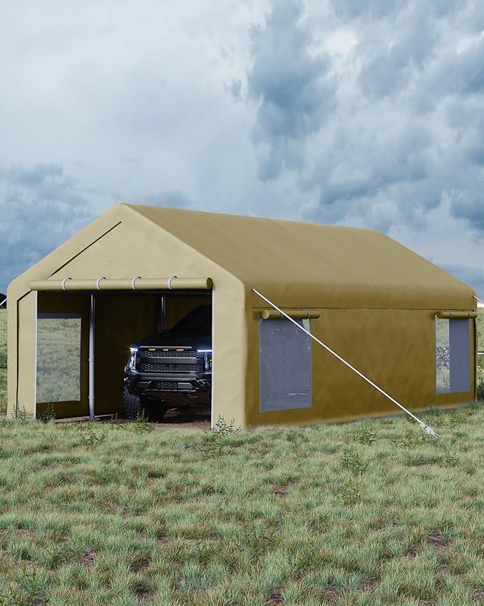 13X25 FT Portable Carport Garage with Roll-Up Windows & Doors, Heavy-Duty 200g PE Tarp, Waterproof & UV Protected Outdoor Shelter for Car, Boat, Truck, Motorcycle