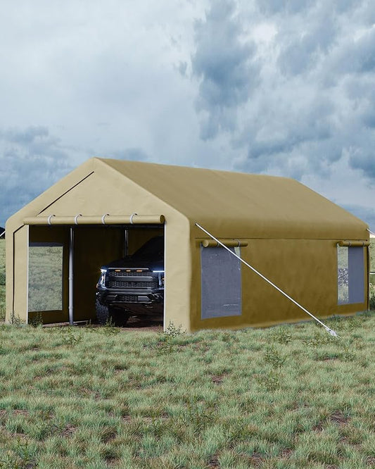 13X25 FT Portable Carport Garage with Roll-Up Windows & Doors, Heavy-Duty 200g PE Tarp, Waterproof & UV Protected Outdoor Shelter for Car, Boat, Truck, Motorcycle