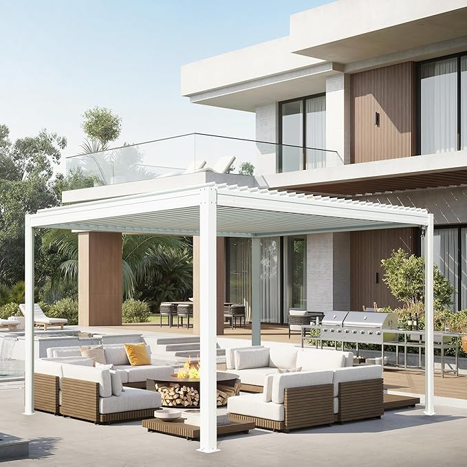 10’ x 13’ Louvered Pergola, Outdoor Pergola Aluminum Frame with Adjustable Rainproof Metal Roof, Permanent Sun Shade with Drainage System for Backyard, Garden and Lawn (White)