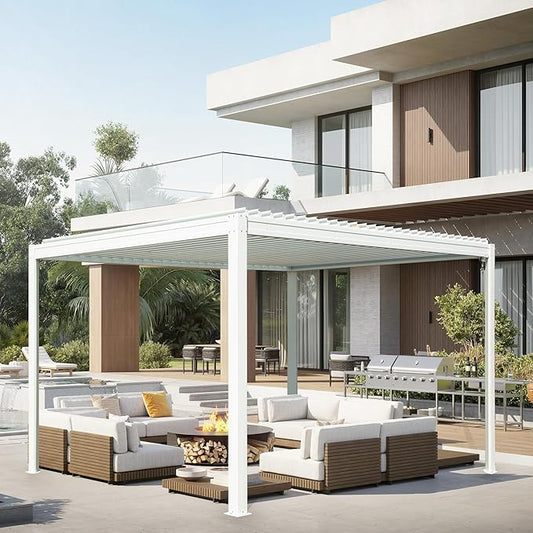 10’ x 13’ Louvered Pergola, Outdoor Pergola Aluminum Frame with Adjustable Rainproof Metal Roof, Permanent Sun Shade with Drainage System for Backyard, Garden and Lawn (White)