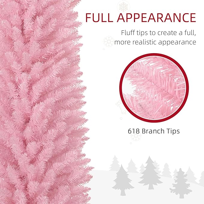 HOMCOM 8' Artificial Pencil Christmas Tree, Slim Xmas Tree with 618 Realistic Branch Tips and Plastic Stand, Pink