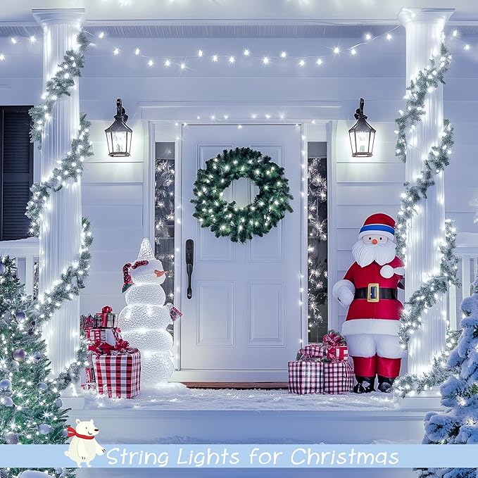 JMEXSUSS 2 Pack 100 LED White Christmas Lights Indoor, 33ft 8 Modes White String Lights Indoor Outdoor Connectable, Clear Wire Christmas String Lights for Bedroom Tree Xmas House Party Decorations