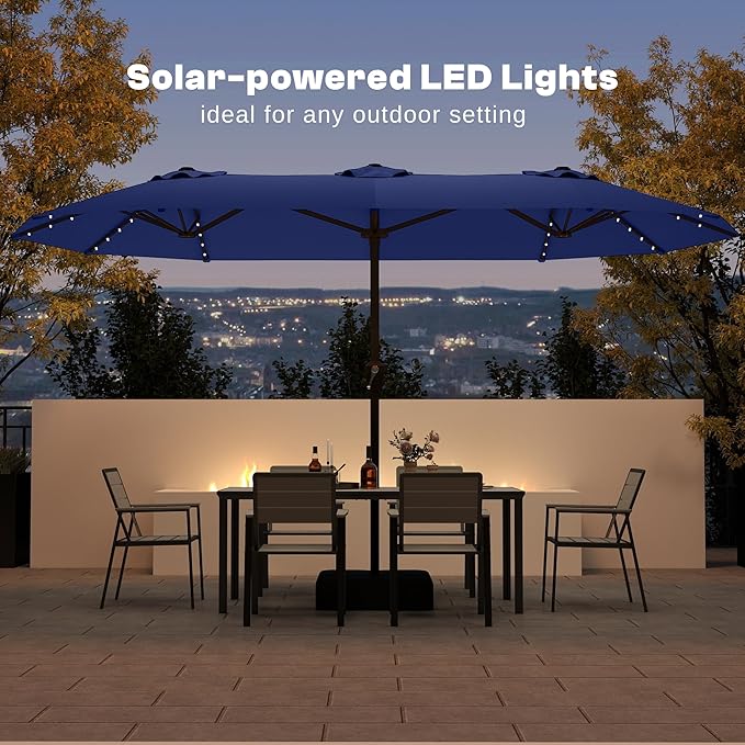 13FT Double-Sided Patio Umbrella with 48 Solar LED Lights, Large Rectangular Outdoor Market Umbrella with Crank Handle, Vented Canopy, Heavy-Duty 12 Rib Steel Frame, for Backyard, Garden, Pool, Navy