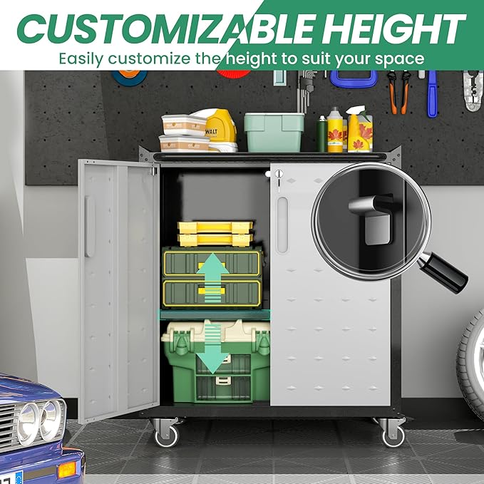 Garage Cabinets,Metal Garage Storage Cabinet with Wheels,Lockable Rolling Tool Cabinet with Drawer and Adjustable Shelves,Heavy Duty Tools Cabinet for Home Office Utility Room,Black/Grey