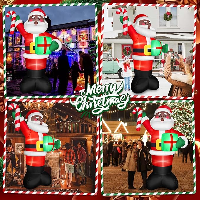 8 FT Tall Giant Black Santa Inflatable Christmas Decorations Outdoor Candy Cane & Gift Box, Build in LED Lights Funny Merry Xmas Blow Ups Yard Decoration for Outside Holiday Winter Indoor Patio Lawn