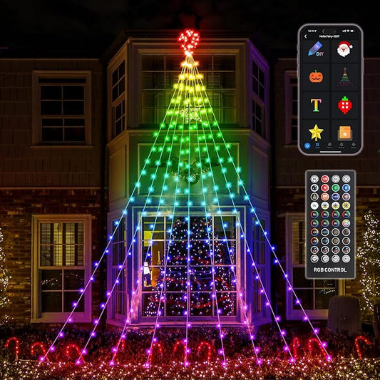 16.4FT Smart RGB Christmas Waterfall Lights with Star, APP & Remote Control, DIY Custom Light Show & Music Sync, Timer, 245 LEDs Color Changing Outdoor Decor for Xmas, Yard, Party