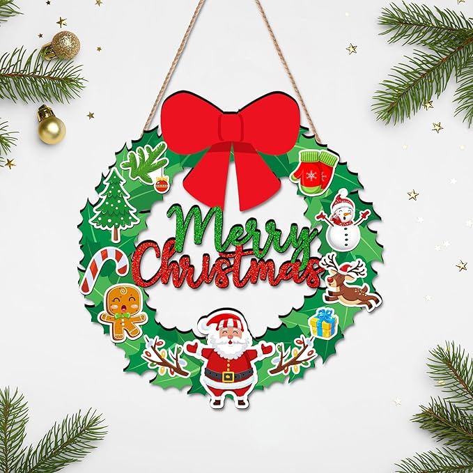 Merry Christmas Wreath Hanging Sign For Front Door, Wooden Welcome Sign With Christmas Tree For Festive Office Rustic Farmhouse Wall Window Decoration (Wreath)