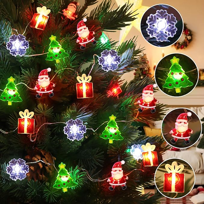 Battery Operated Christmas Lights 12FT 32 LED Snowflakes Christmas Tree Santa Clause Gift Box Xmas String Lights, Holiday Fairy Lights for Tree Decorations Table Home Indoor Holiday Decor