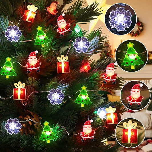 Battery Operated Christmas Lights 12FT 32 LED Snowflakes Christmas Tree Santa Clause Gift Box Xmas String Lights, Holiday Fairy Lights for Tree Decorations Table Home Indoor Holiday Decor