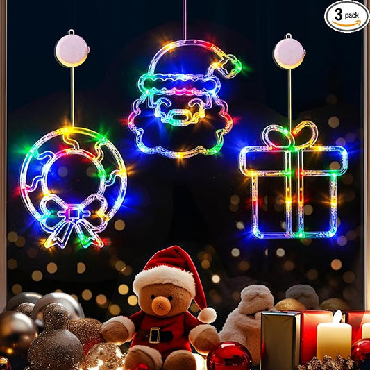 LOLStar Christmas Window Decorations 3 Pack Wreath Gift Box Santa Claus Christmas Window Lights with Suction Cups, Battery Operated Xmas Lights Decors, 2024 Upgrade Slow Fade Mode and Timer Function