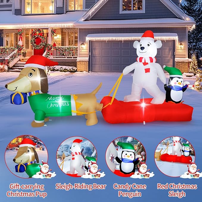 8FT Christmas Inflatable Outdoor Lighted Polar Bear & Penguins Carrying Dog Sleigh Decor, Sleigh-Riding Bear with a Candy Cane-Holding Penguin Yard Decor for Xmas Holiday, for Him, Her