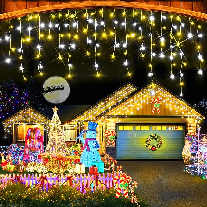 49FT 480 LED Ice Lights for Outside House - Clear Wire Twinkle Lights with 8 Modes Timer - Waterproof for Christmas Party, Tree, Holiday, Patio, Yard, Home Decor (Cool White and Warm)