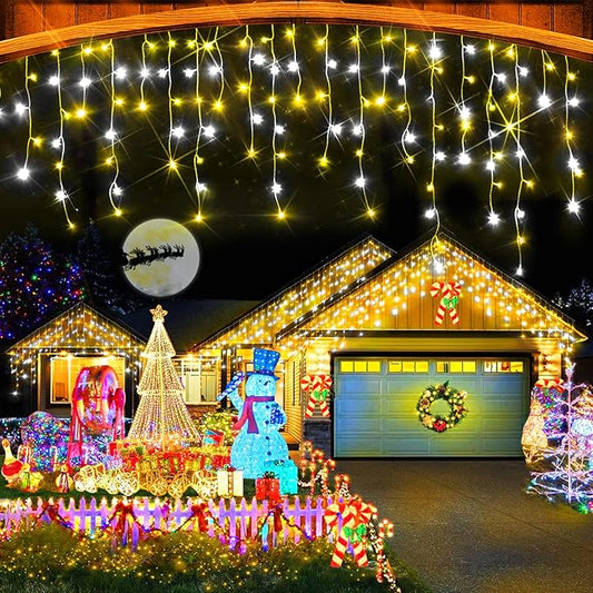 49FT 480 LED Ice Lights for Outside House - Clear Wire Twinkle Lights with 8 Modes Timer - Waterproof for Christmas Party, Tree, Holiday, Patio, Yard, Home Decor (Cool White and Warm)