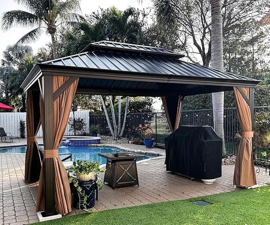 PURPLE LEAF Hardtop Gazebo 10' X 14' Metal Roof with Netting and Curtains Hard Top Backyard Patio Gazebos Permanent Canopy Deck Garden Hot Tub Outdoor Pavilion