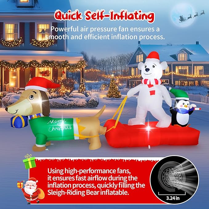 8FT Christmas Inflatable Outdoor Lighted Polar Bear & Penguins Carrying Dog Sleigh Decor, Sleigh-Riding Bear with a Candy Cane-Holding Penguin Yard Decor for Xmas Holiday, for Him, Her
