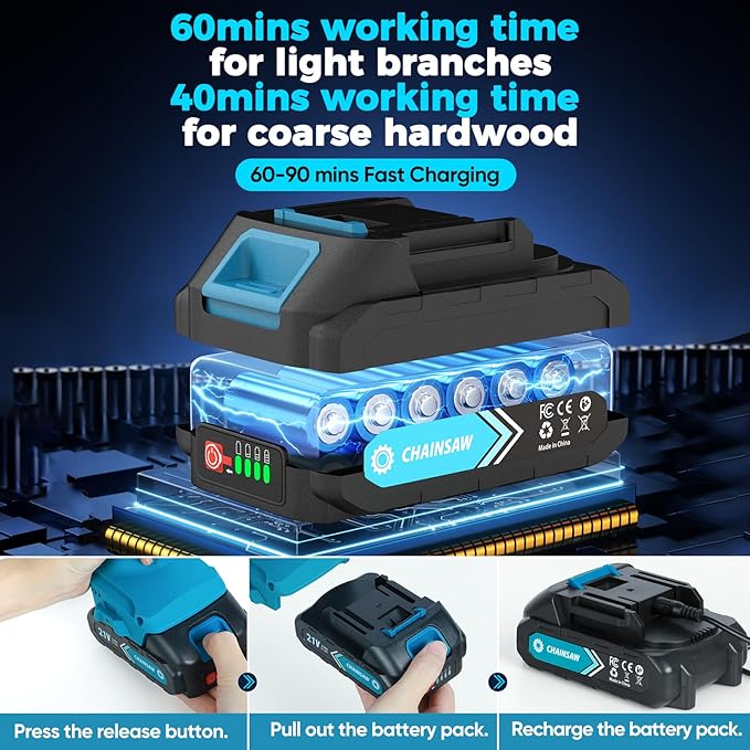 Chainsaw 6-Inch 1 Pack 2000mAh Battery Hand Mini Chain Saw Birthday Christmas Gifts for Men Portable Cordless for Wood Cutting Tree Trimming Projects Gardening Tools (Blue-1 Battery)