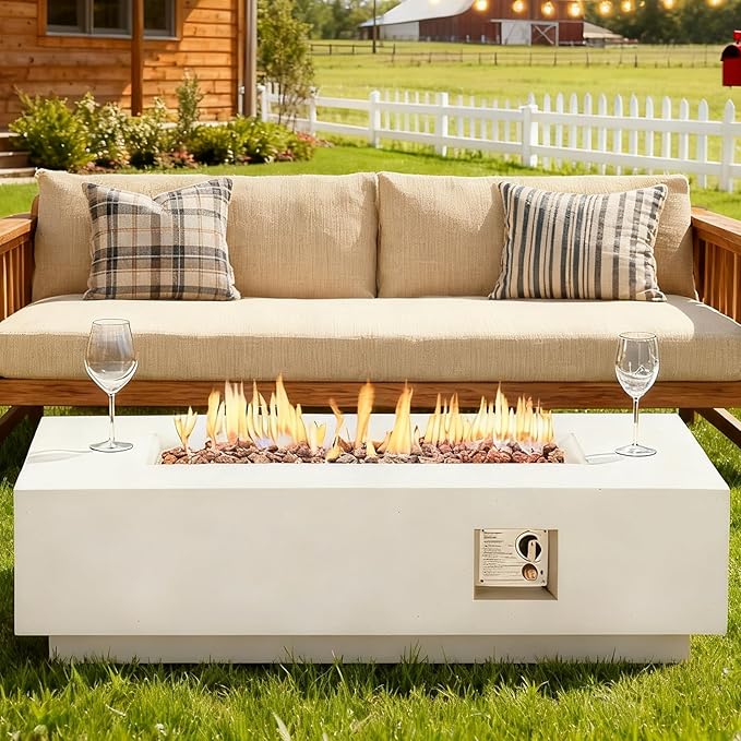 ECOTOUGE 56''Gas Fire Pit, Outdoor Propane Firepit Table w/Side Handles, Auto-Ignition Rectangle Steel Fire Table, 50,000 BTU Concrete fire Pit w/Weather-Resistant Pit Cover£¨White, No Tank Cover£©