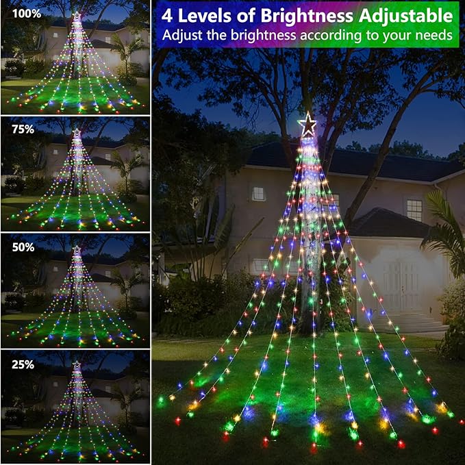 Decute Outdoor Christmas Decorations Star String Lights Color Changing Timer with Remote, Waterproof 320 Led Tree Toppers Fairy Lights for Yard Garden Backyard Holiday Decor Cool White + Multi-Color