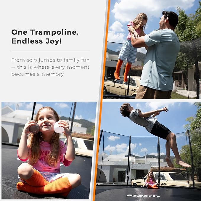 Trampoline Outdoor 10FT 14FT 16FT with Enclosure, 6 Reinforced U-Shaped Legs with Center Support, ASTM Approved, Recreational Trampoline for Kids and Adults