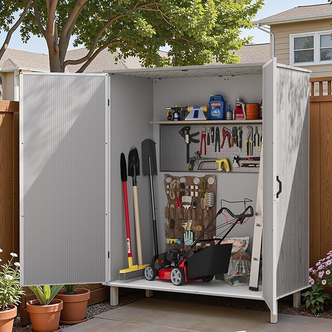 Patiowell 5x3 FT Outdoor Storage Shed with Floor, Plastic Vertical Storage Cabinet with Lockable Doors for Garden, Pool Storage, Tools and Patio Furnitrue Accessories, Light Gray(Fit-it Shed)