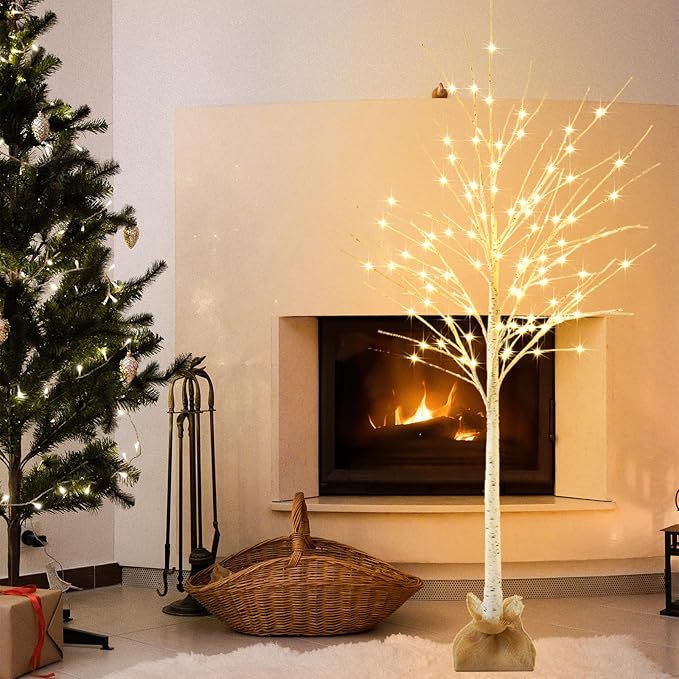 Lighted Brich Tree, 6FT 128 LED Christmas Tree with Burlap Decor, Warm White, IP44 Waterproof, Power Supply by Adaptor, Fireplace Party Wedding Halloween Christmas New Year's Decoration