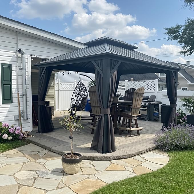 PURPLE LEAF 10' X 12' Gazebo Outdoor Aluminum Gazebo with Heavy Duty Galvanized Steel Double Roof for Patio Backyard Deck, Netting and Curtains Included, Grey