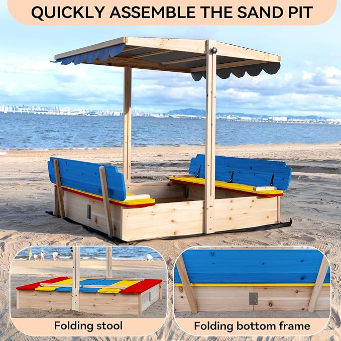 48x48 Large Wooden Sandbox with Locking Lid & Adjustable Canopy Cover - Outdoor Sand Box for Kids Ages 4-8, Foldable Bench Seats, UV-Resistant Roof, Easy-Drain Bottom Liner