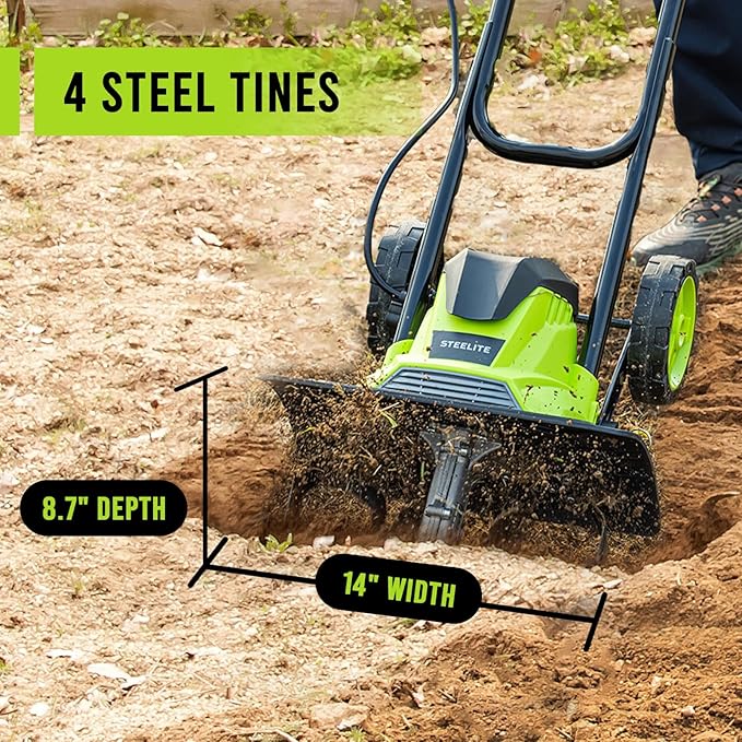 STEELITE 14-Inch Corded Electric Tiller, 10 Amp Powerful Garden Cultivator for Soil Preparation and Landscaping ? Lightweight, Durable, and Easy to Use