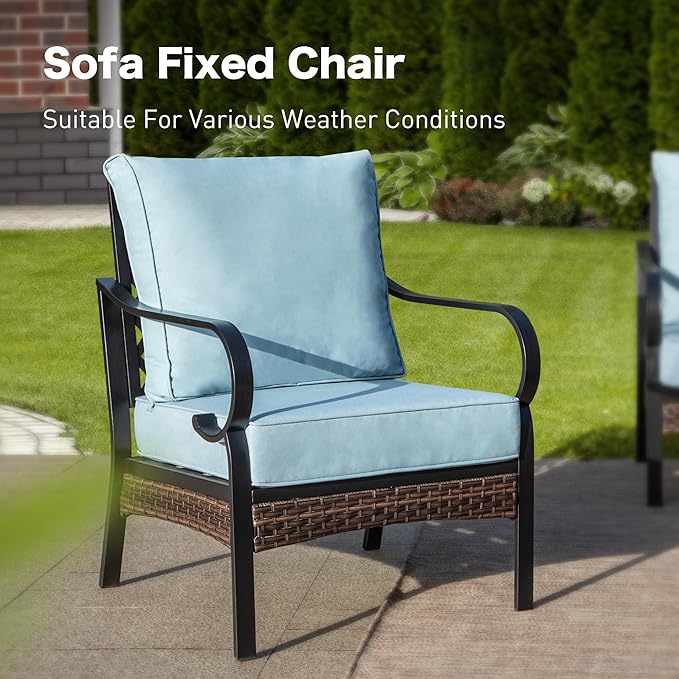 5 Piece Metal Outdoor Patio Furniture Sets with Firepit Table, Patio Conversation Sets 1 3-Seater Sofa, 1 2-Seater Loveseat, 2 Single Sofa with 5.75" Cushion for Backyard Deck, Blue