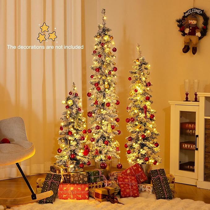 GOFLAME Set of 3 Pre-Lit Potted Christmas Trees, Snow Flocked Pencil Christmas Tree Set 3Ft, 4Ft and 5Ft with Warm White LED Lights, Timer, Holiday Decoration Tree for Home Party