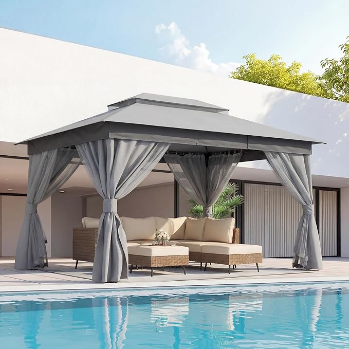 LAUSAINT HOME 10x13ft Outdoor Patio Gazebo with Double Roof, Heavy Duty Waterproof Gazebo Canopy Tent with Mosquito Netting for Backyard, Garden, Lawn & Wedding, Grey