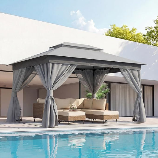 LAUSAINT HOME 10x13ft Outdoor Patio Gazebo with Double Roof, Heavy Duty Waterproof Gazebo Canopy Tent with Mosquito Netting for Backyard, Garden, Lawn & Wedding, Grey