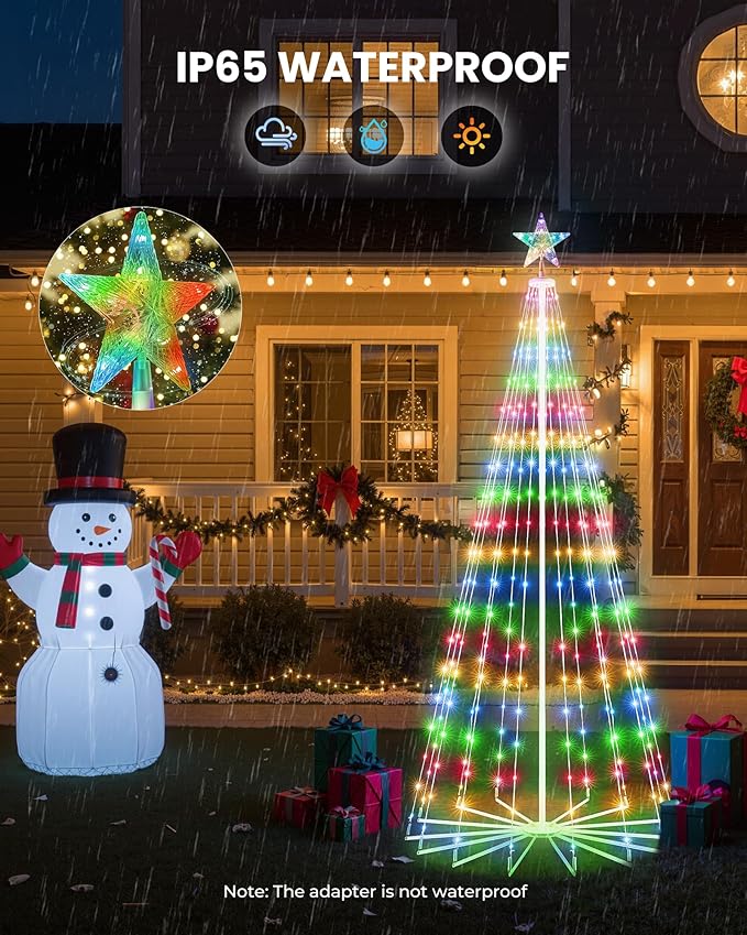 LED Christmas Cone Tree Light, 6ft 265 LED Outdoor Lightshow Christmas Tree with 8 Modes Timer Remote, Artificial Christmas Tree with Star Topper for Porch Yard Patio Indoor Decorations, Multicolor