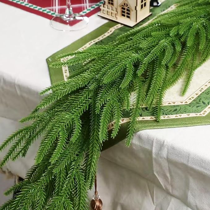 2 Pcs 6 Ft Artificial Norfolk Pine Garlands, Real Touch Winter Pine Garland, Green Artificial Greenery Garland for Table, Mantle, Wall, Indoor, Outdoor Christmas Decorations